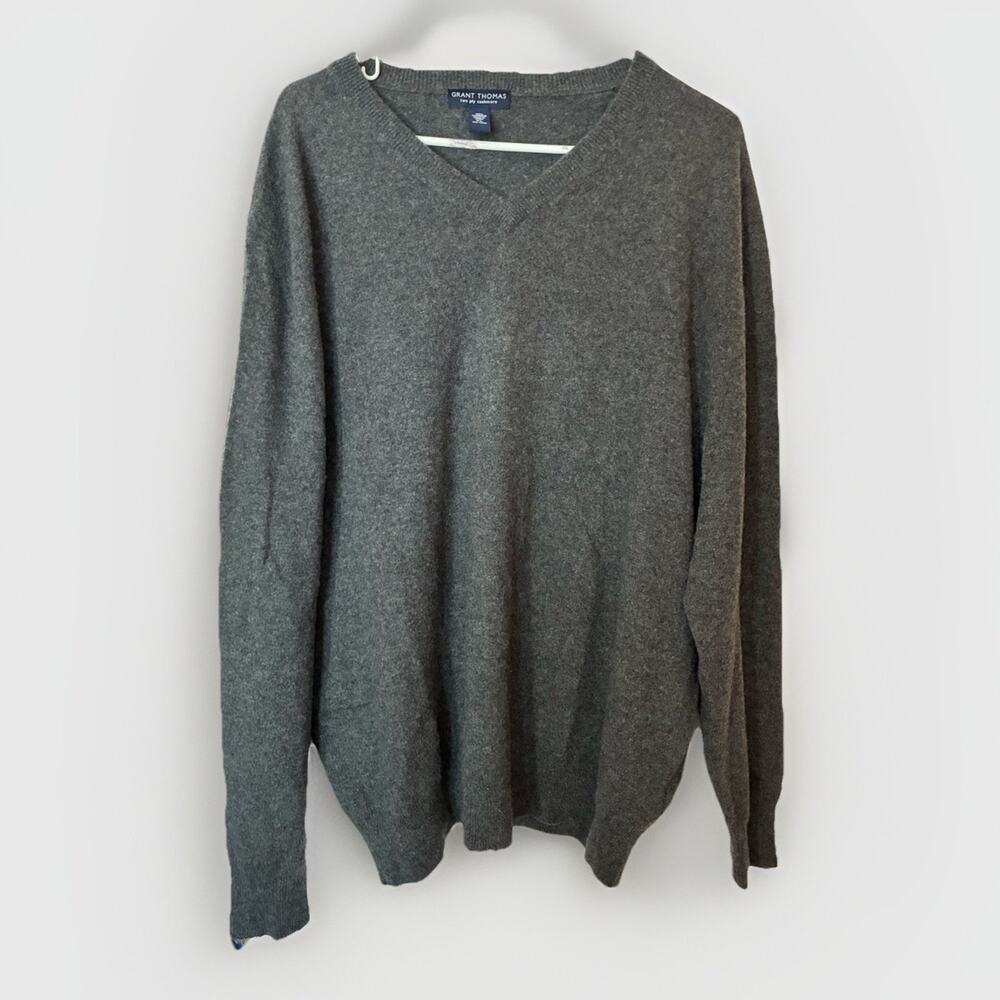 Grant Thomas Men’s 100% Cashmere Gray V-Neck Sweater Sz XL Two Ply